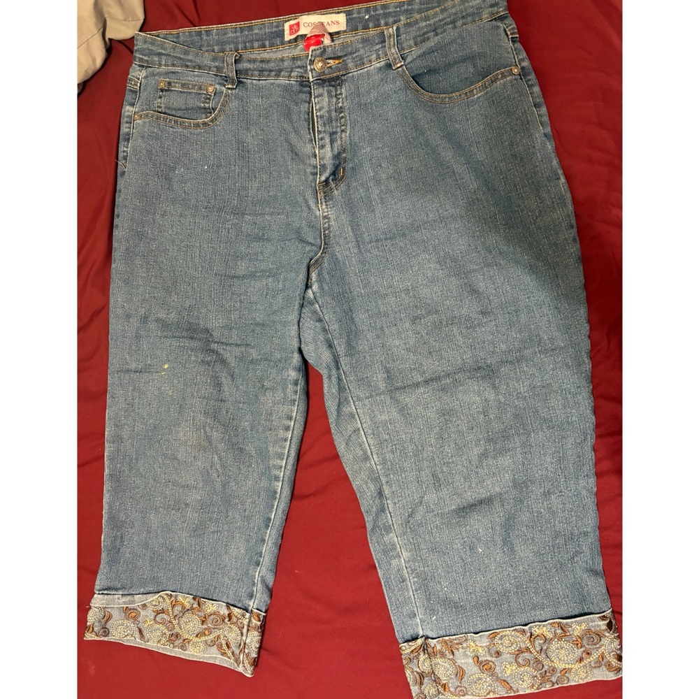 Women's Blue Denim Capris with Paisley Cuffs